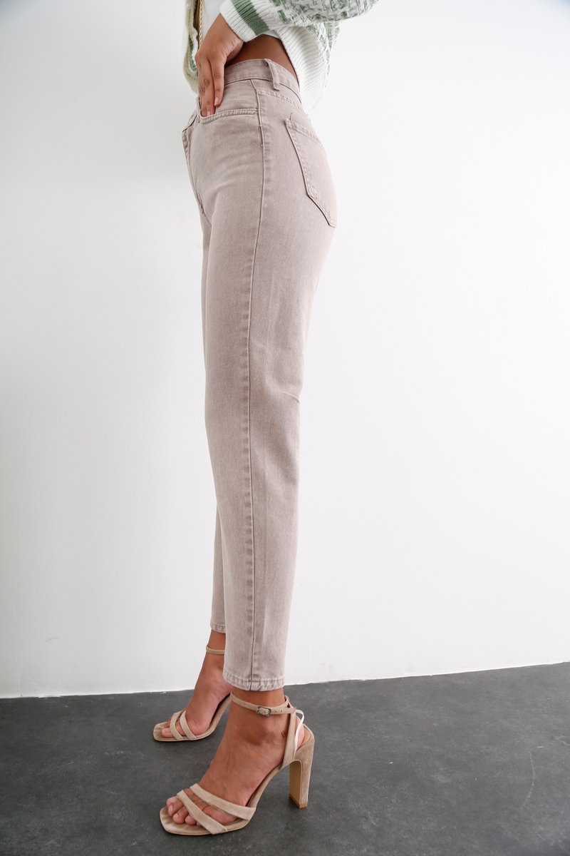 Açık Vizon Yüksek Bel Yıkamalı Mom Jean 50281