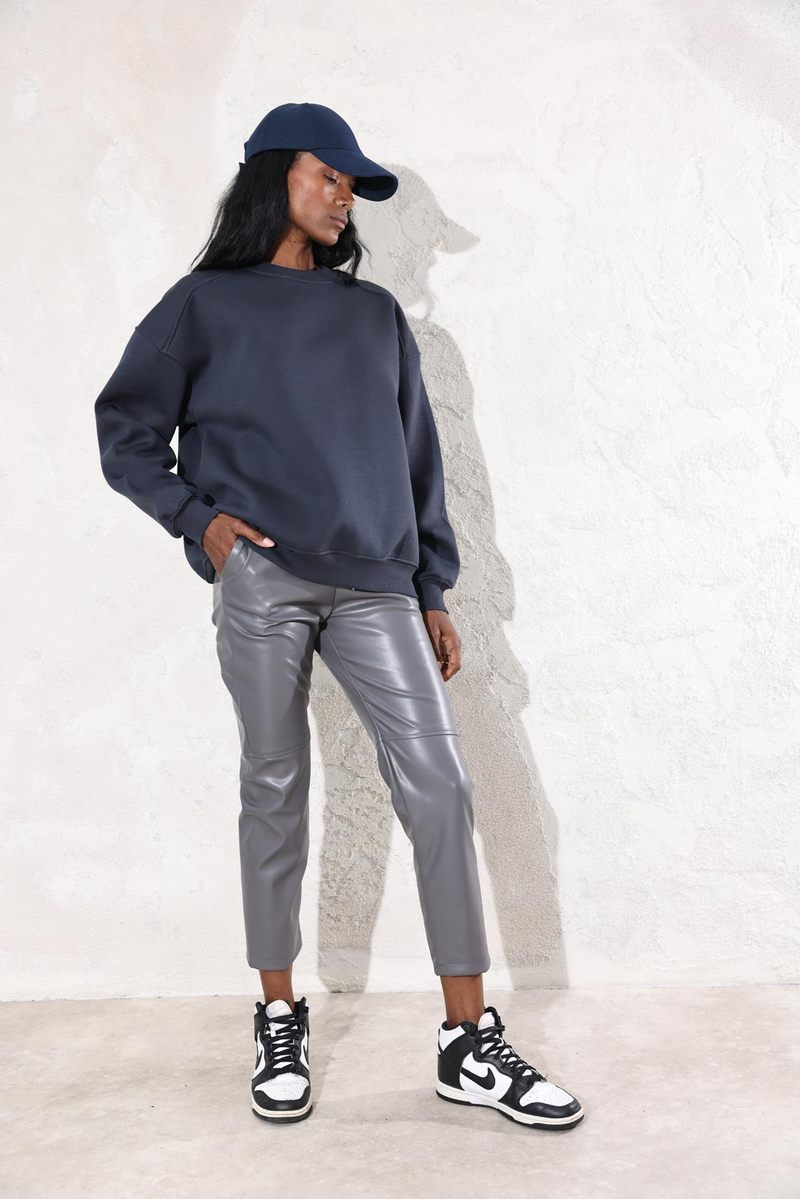 Antrasit Bisiklet Yaka Basic Sweatshirt 3408