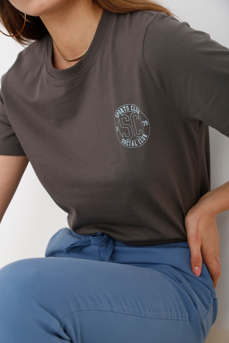 Antrasit Bisiklet Yaka Baskılı Tshirt 