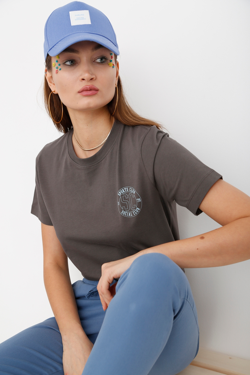 Antrasit Bisiklet Yaka Baskılı Tshirt 