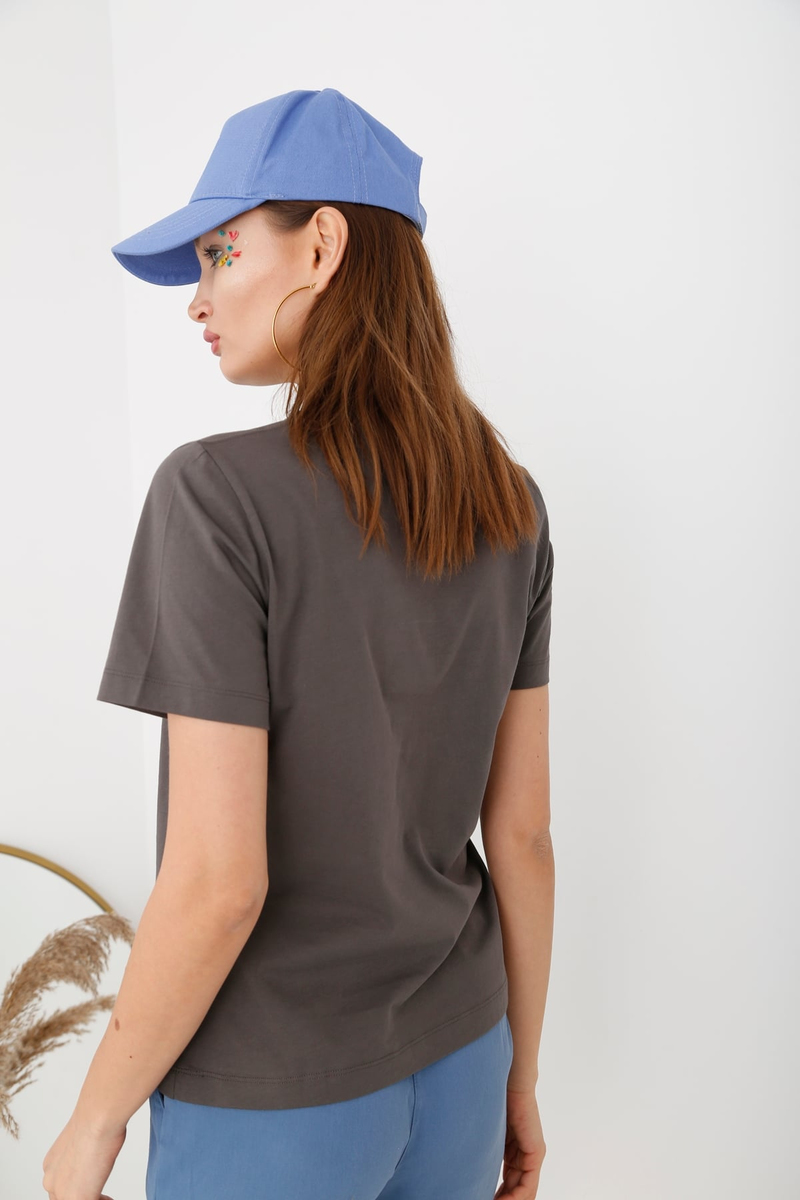 Antrasit Bisiklet Yaka Baskılı Tshirt 