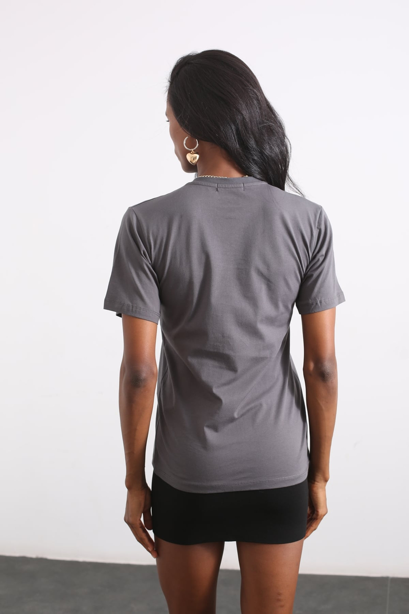 Antrasit Bisiklet Yaka Baskılı Tshirt 