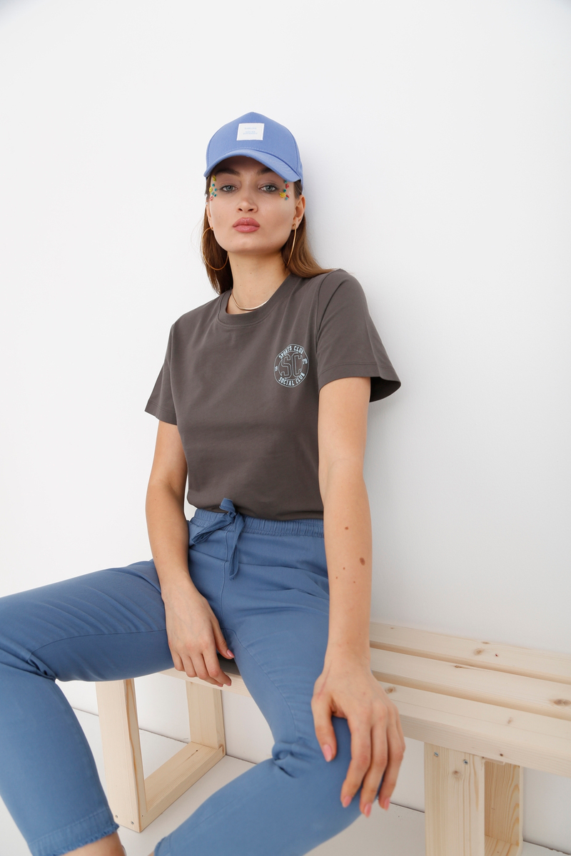 Antrasit Bisiklet Yaka Baskılı Tshirt 