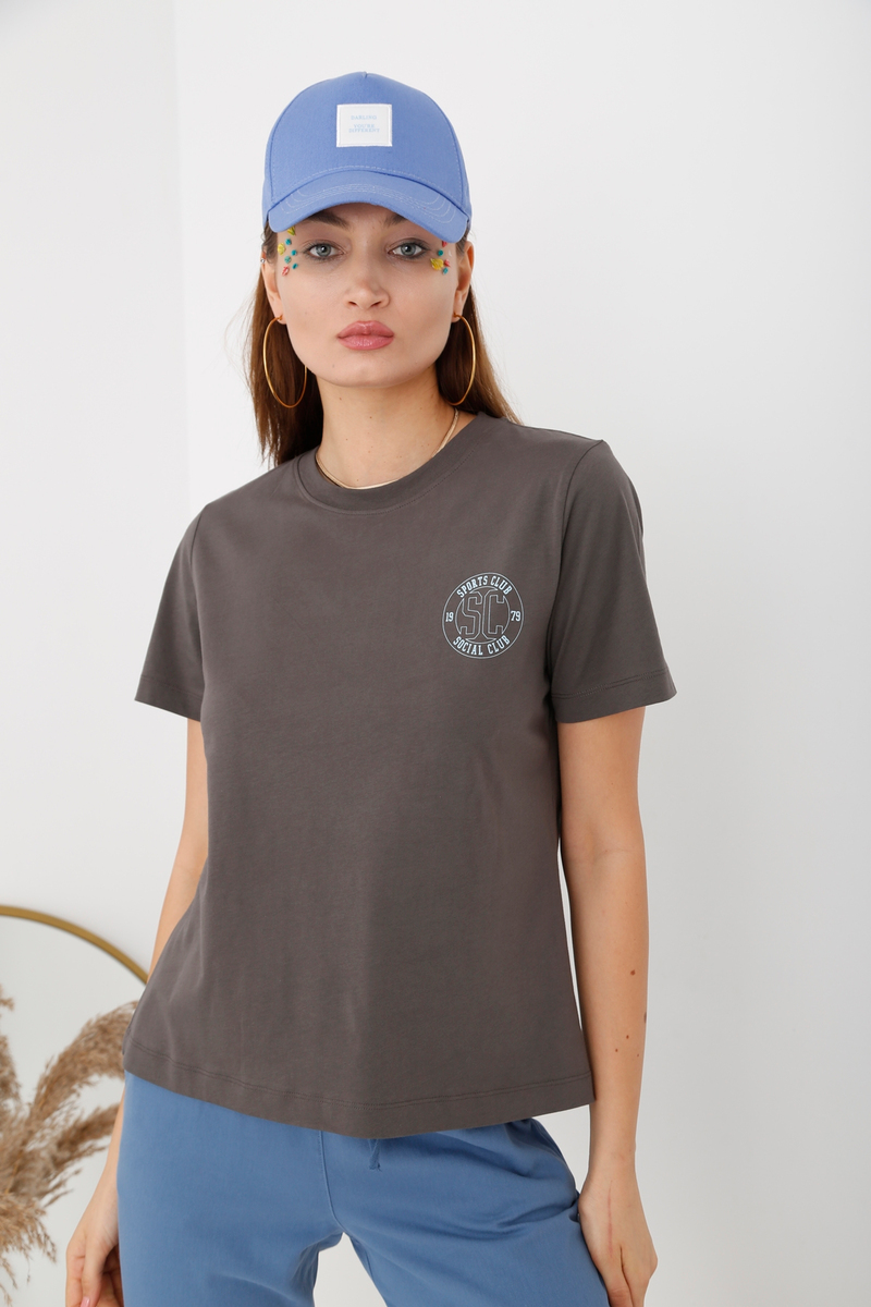 Antrasit Bisiklet Yaka Baskılı Tshirt 
