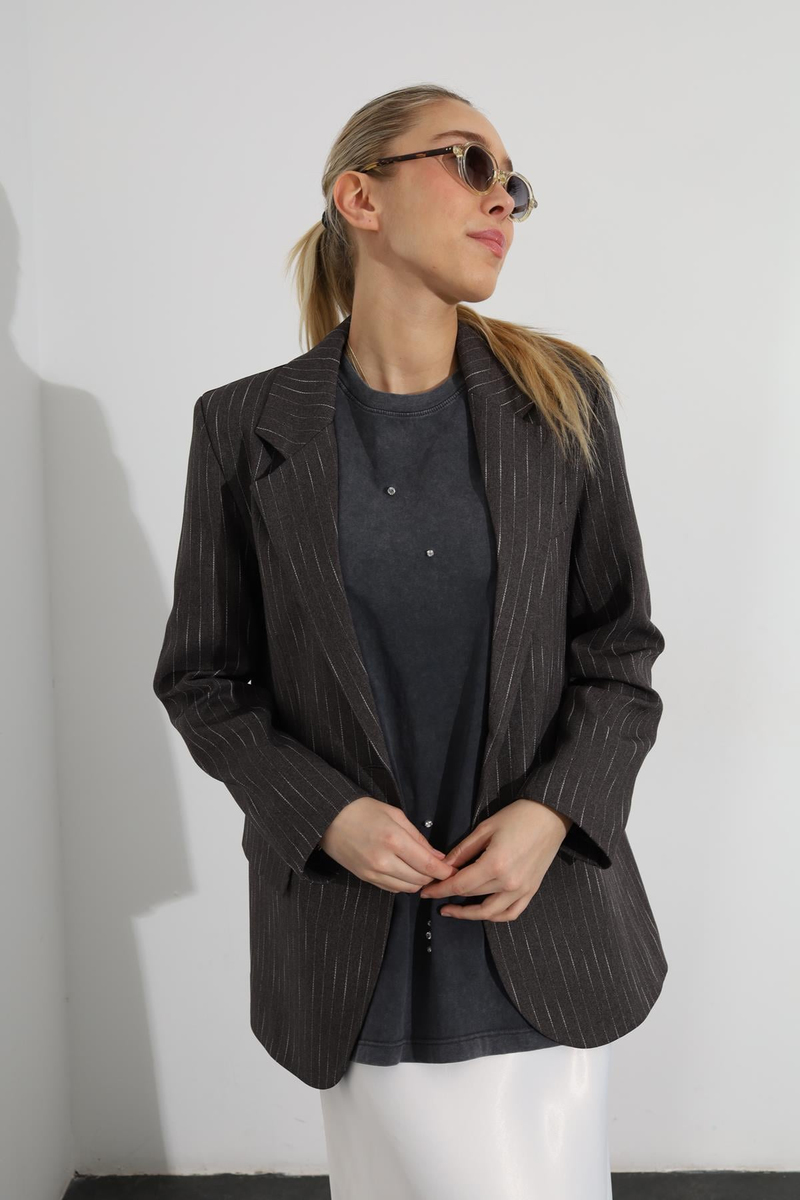 Antrasit Çift Düğmeli Çizgili Blazer Ceket 05108