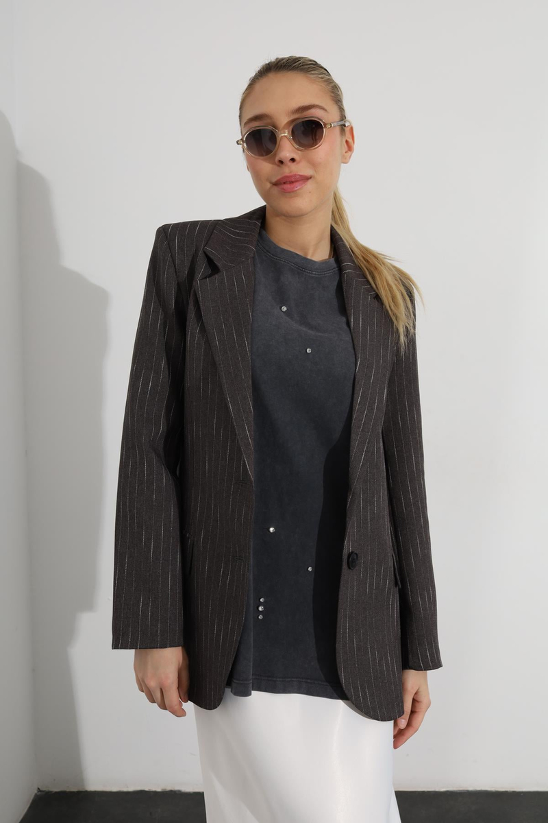 Antrasit Çift Düğmeli Çizgili Blazer Ceket 05108