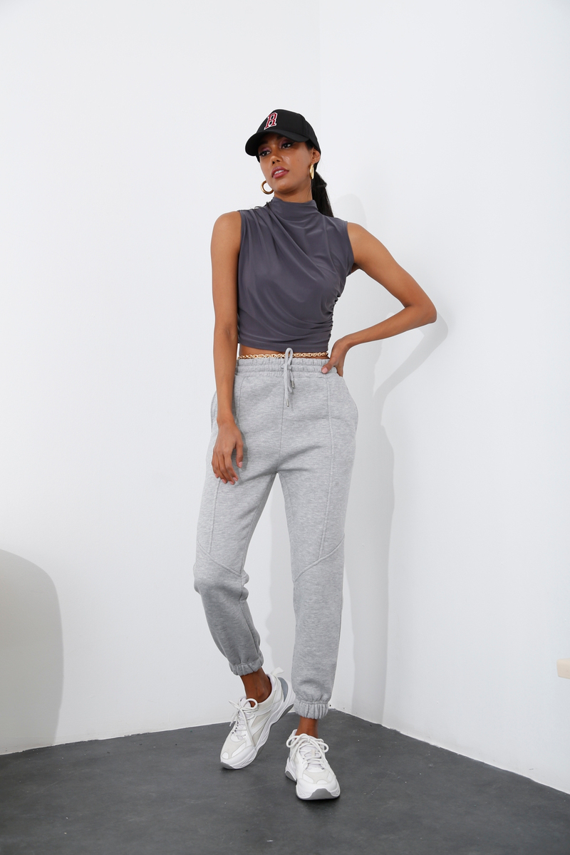 Antrasit Drape Detaylı Kolsuz Bluz 0029