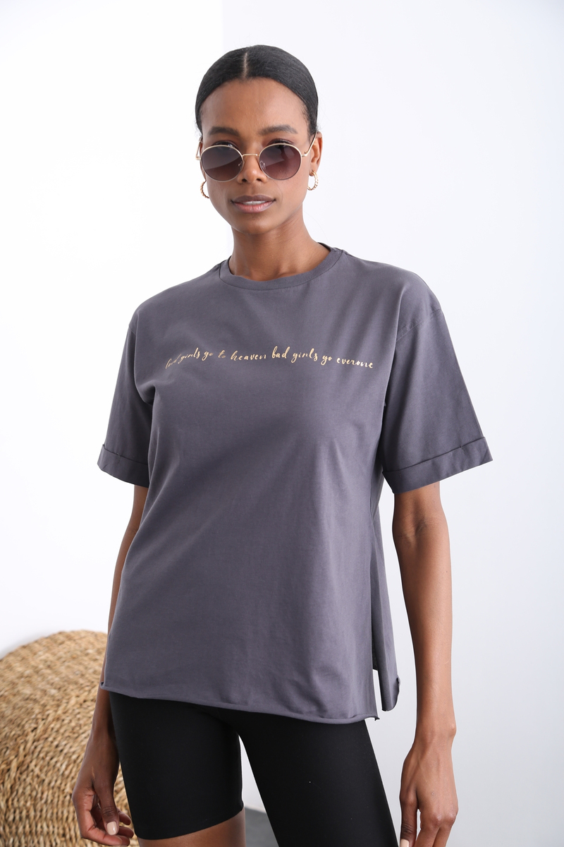 Antrasit Duble Kol Baskılı Tshirt 3358
