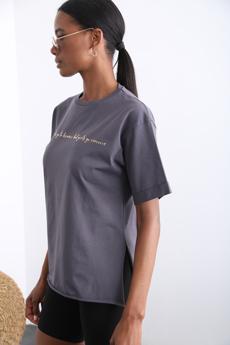 Antrasit Duble Kol Baskılı Tshirt 3358