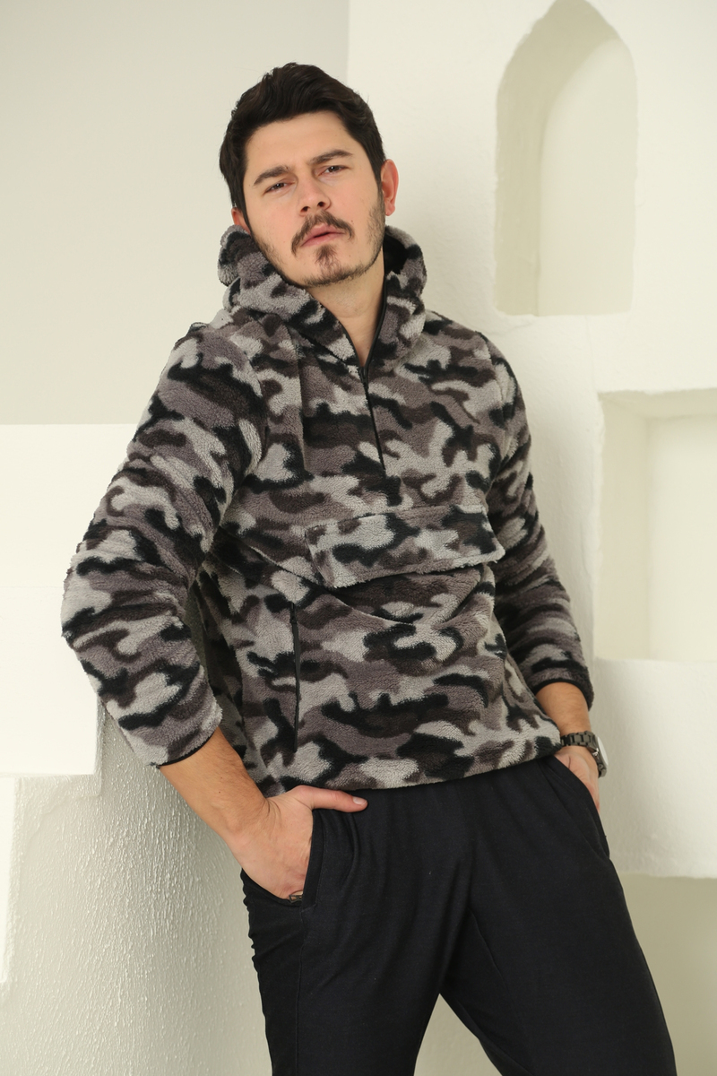 Antrasit Erkek Kamuflaj Desen Kanguru Sweatshirt 067