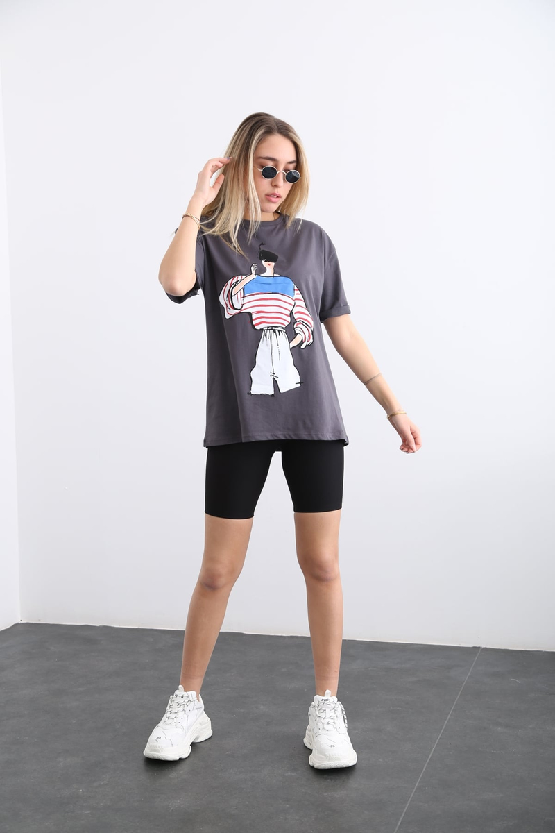 Antrasit Kadın Baskılı Tshirt 7664