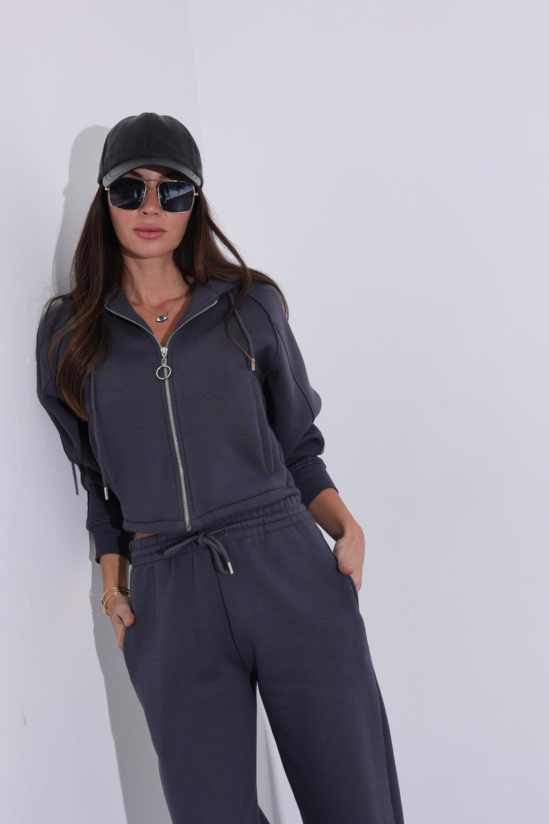 Antrasit Kapüşonlu Sweatshirt Jogger Eşofman Takım 