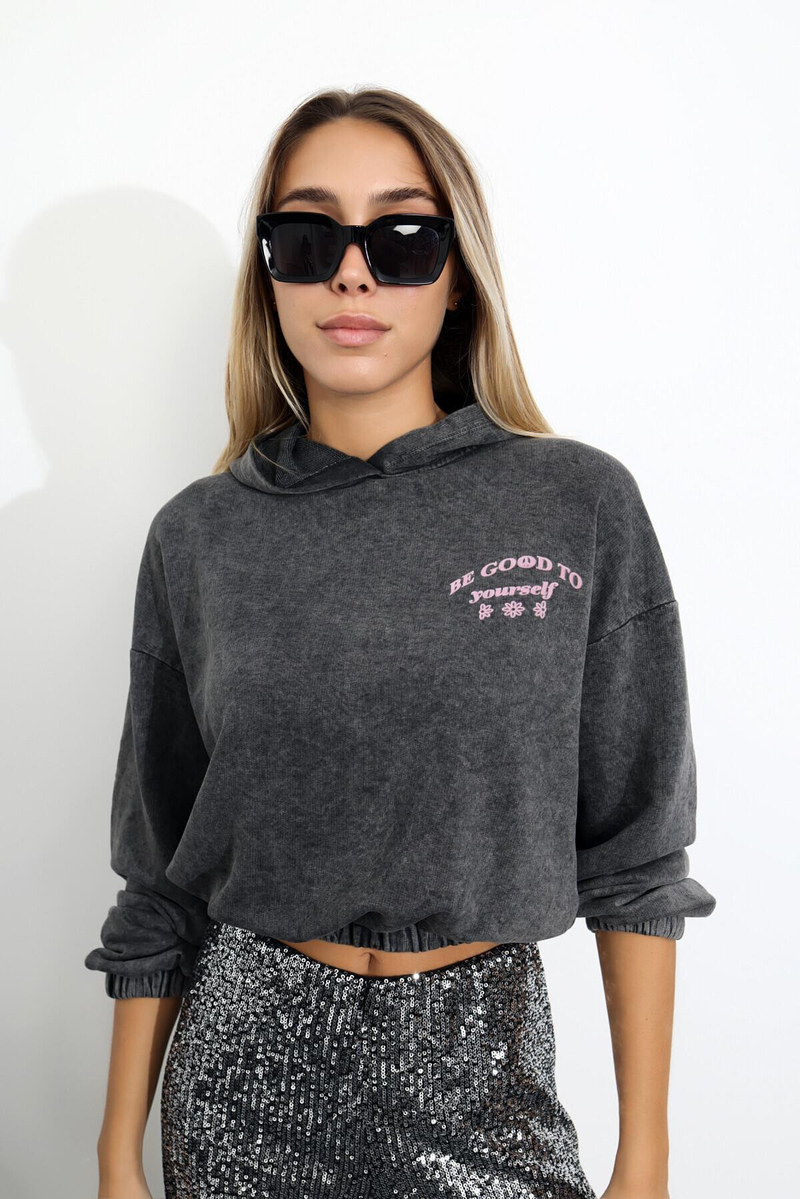 Antrasit Kapüşonlu Yıkamalı Sweatshirt 