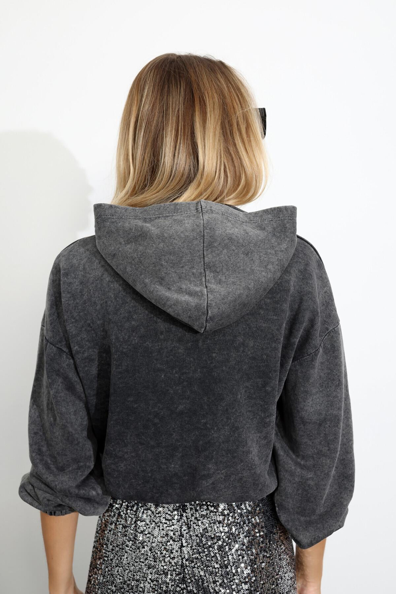 Antrasit Kapüşonlu Yıkamalı Sweatshirt 
