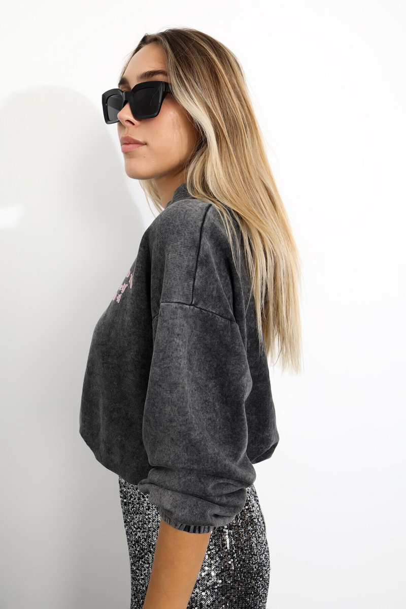 Antrasit Kapüşonlu Yıkamalı Sweatshirt 