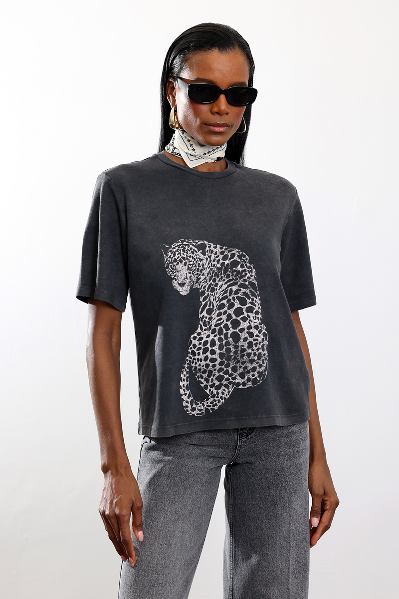 Antrasit Leopar Baskılı Tshirt 18111