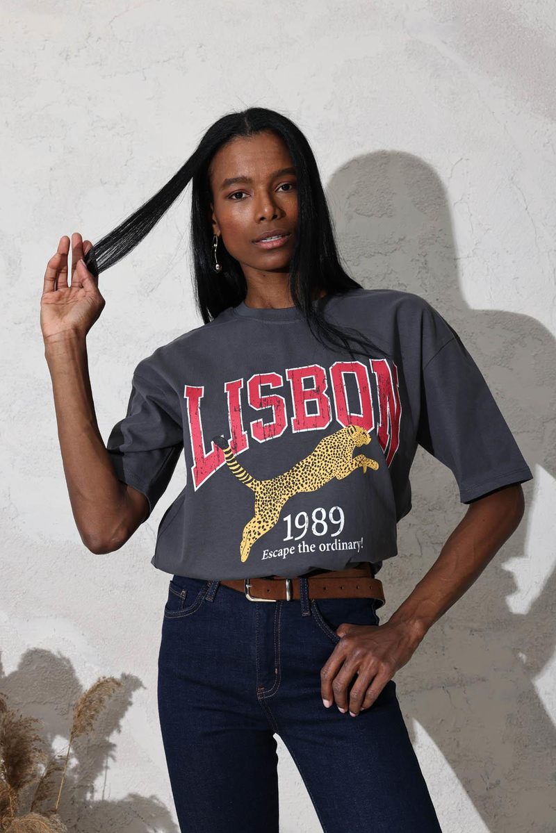 Antrasit Lisbon Baskılı Basic Tişört 