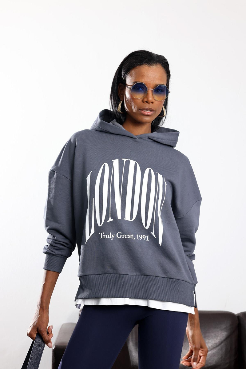 Antrasit London Baskılı Kapüşonlu Sweatshirt 01407