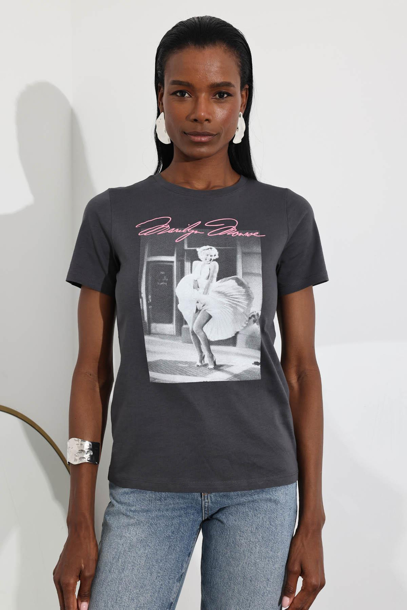 Antrasit Marilyn Monroe Baskılı Basic Tişört 