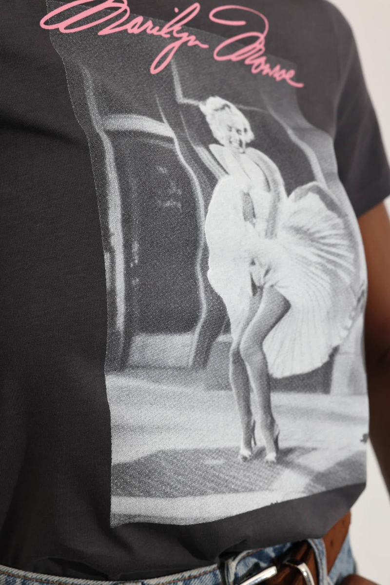 Antrasit Marilyn Monroe Baskılı Basic Tişört 