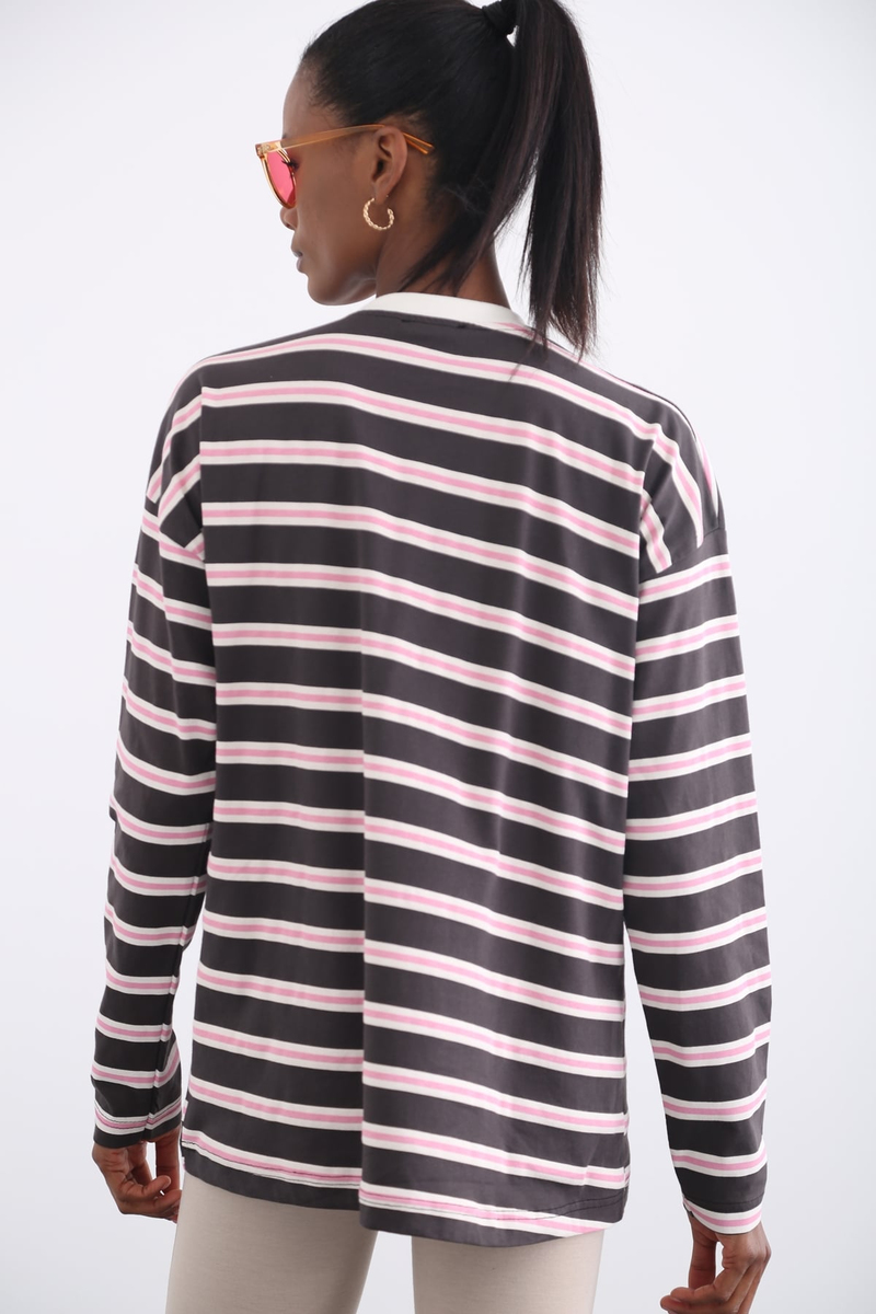 Antrasit Oversize Çizgili Tshirt 