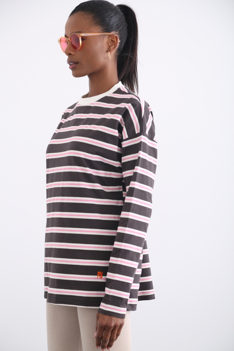 Antrasit Oversize Çizgili Tshirt 
