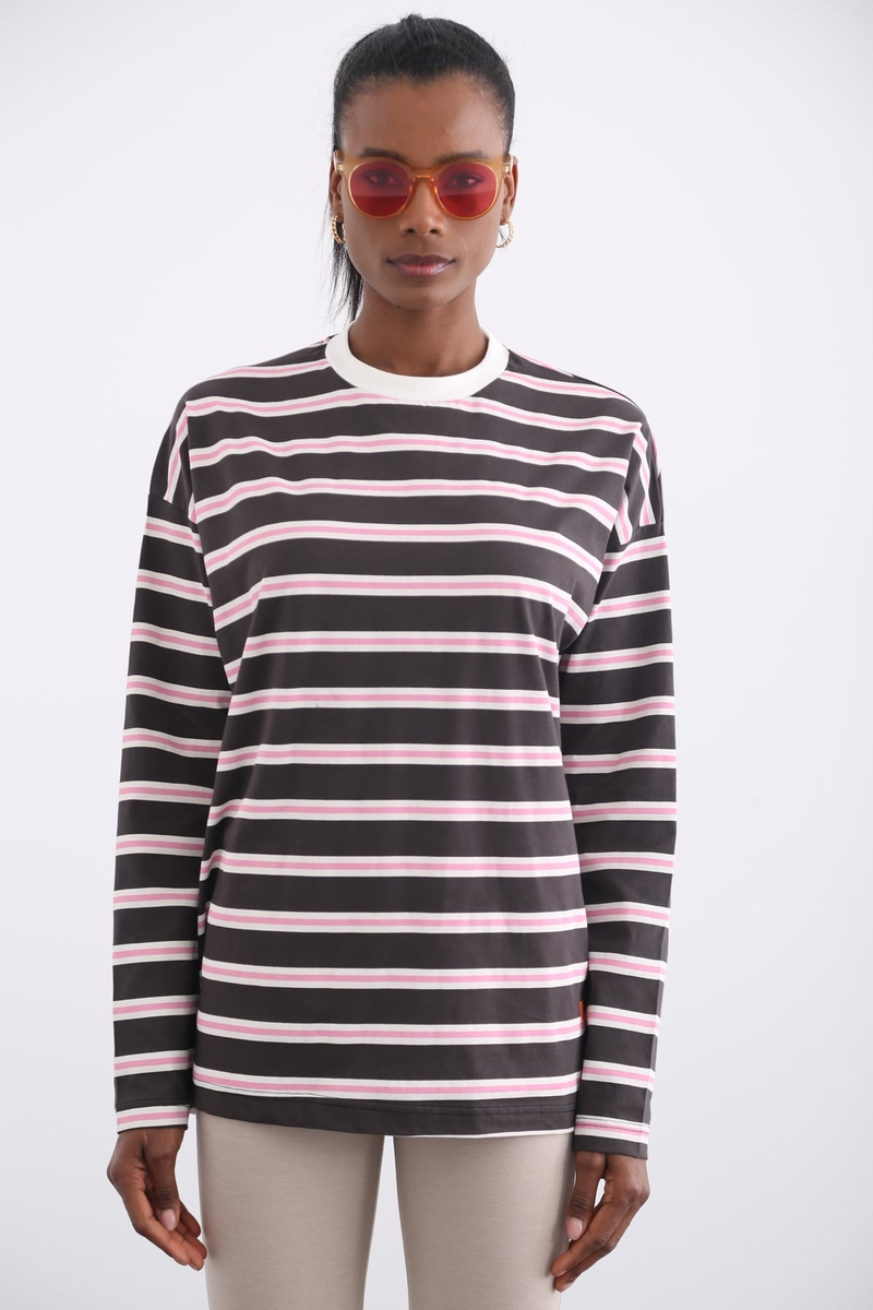 Antrasit Oversize Çizgili Tshirt 