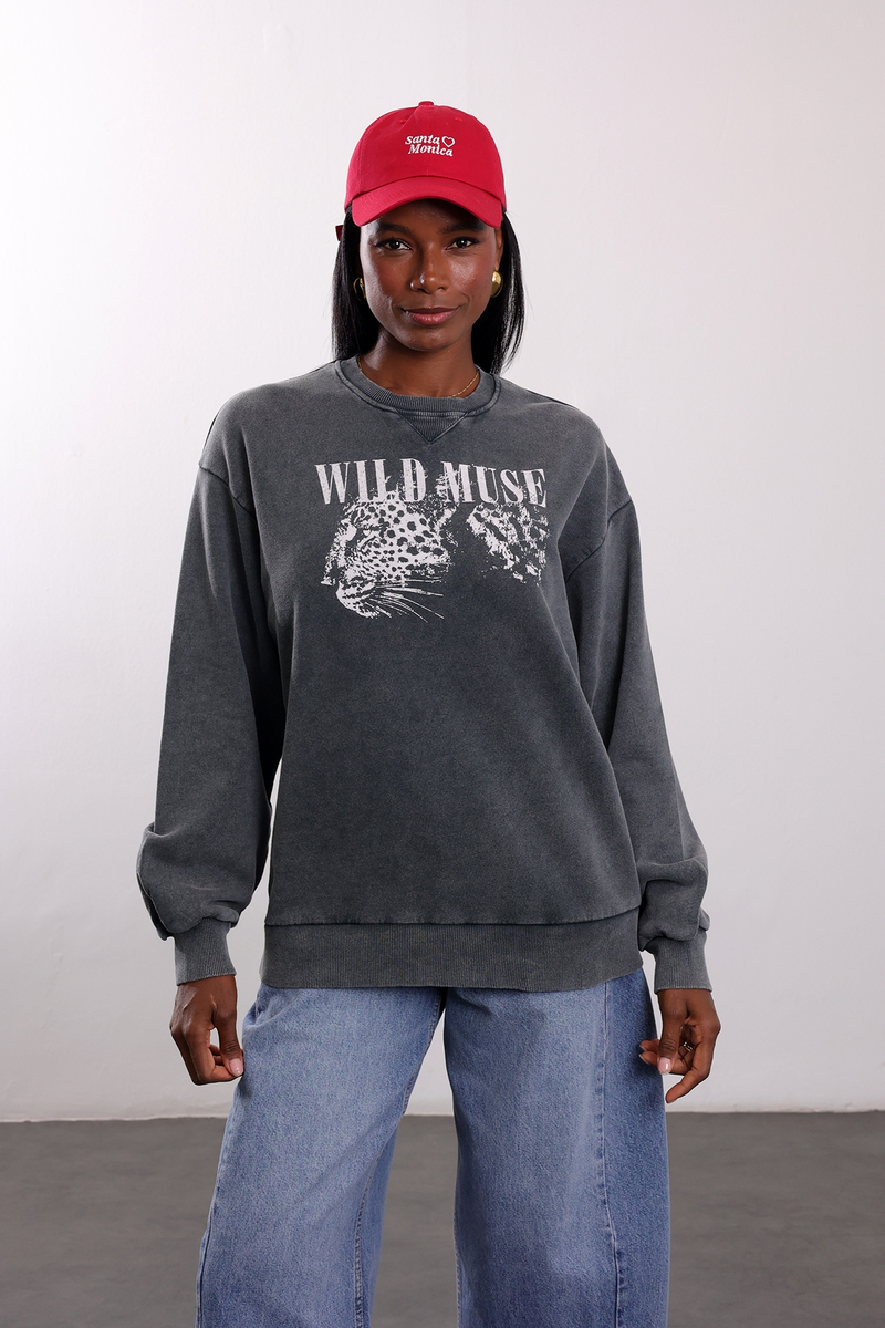 Antrasit Wild Muse Baskılı Sweatshirt 19106