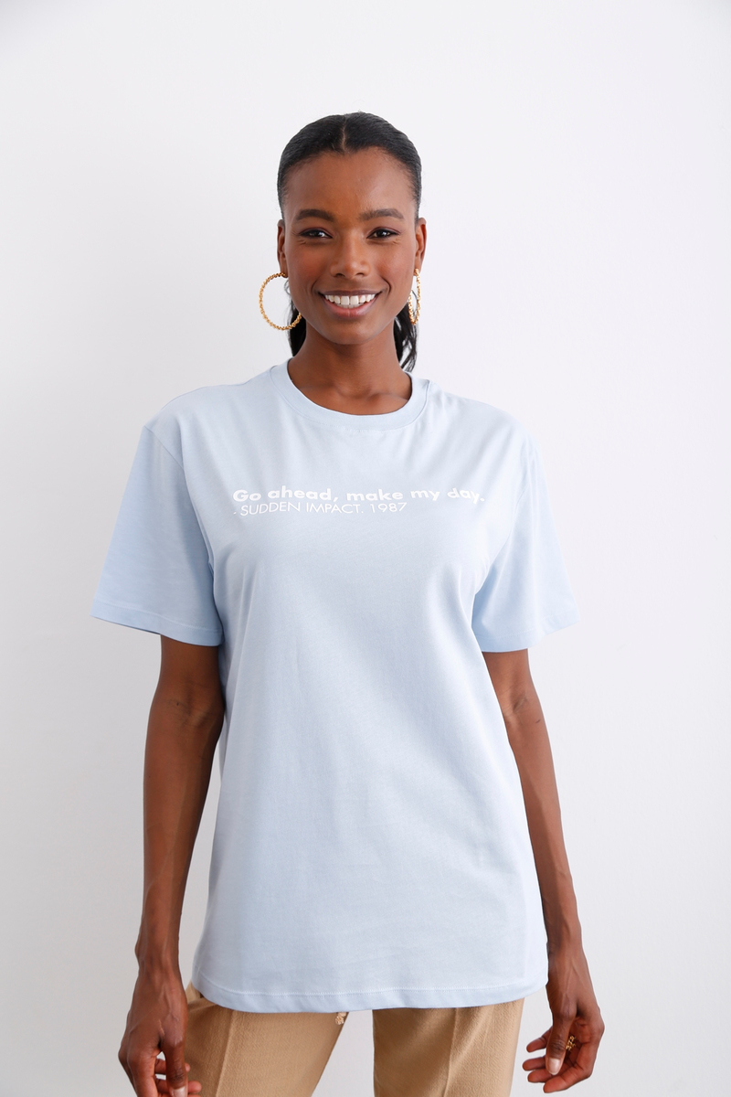 Bebe Mavi Bisiklet Yaka Baskılı Tshirt 14010