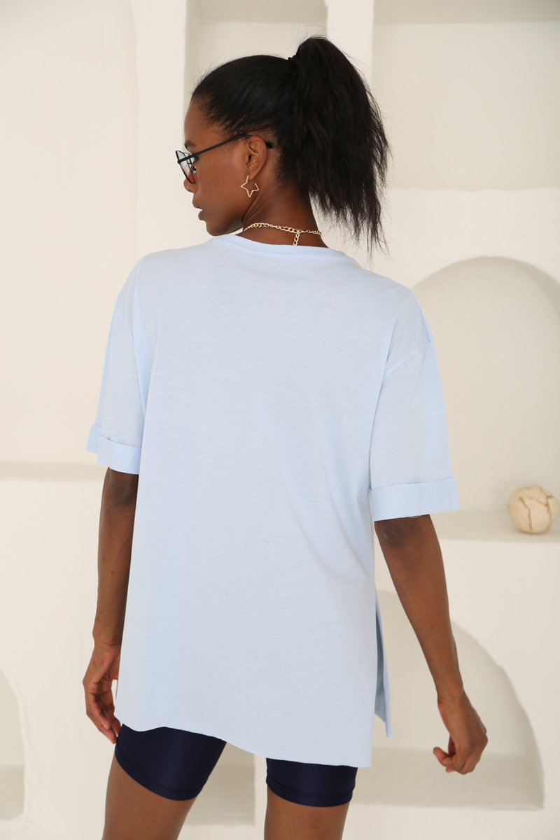 Bebe Mavi Yırtmaçlı Duble Kol Tshirt 3158