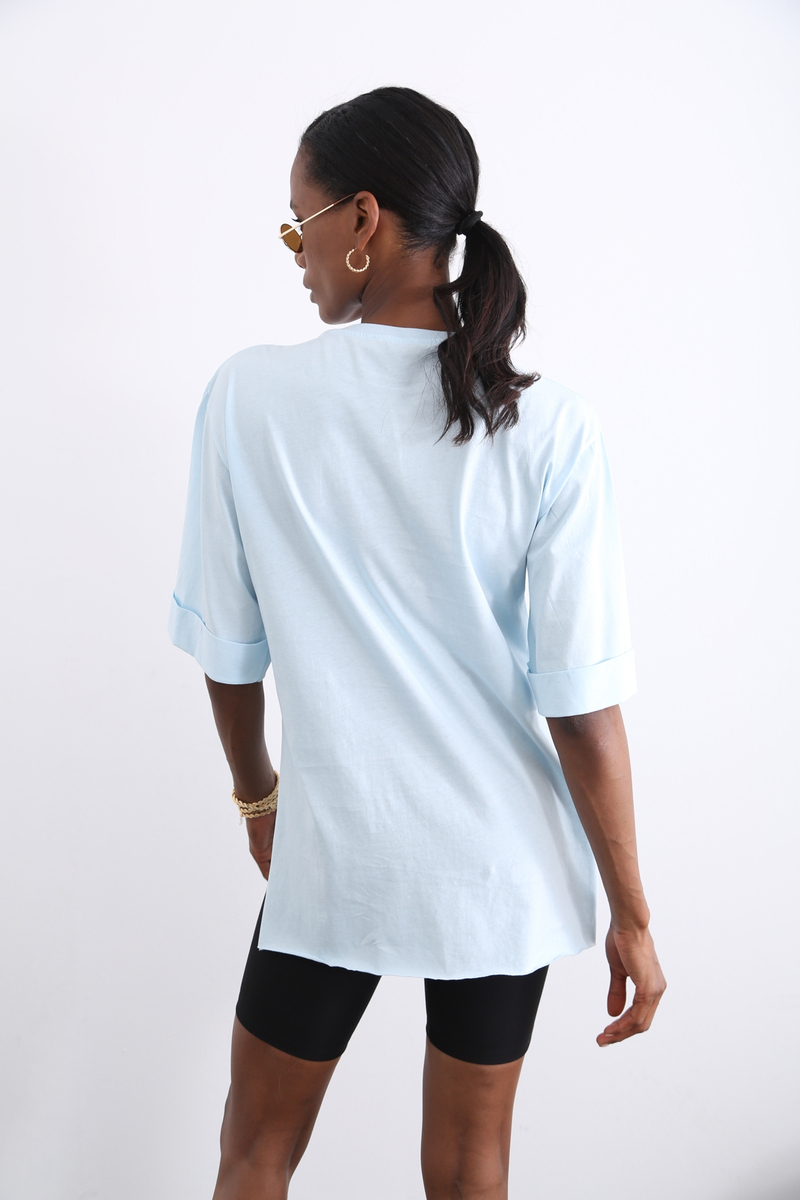 Bebe Mavi Yırtmaçlı Duble Kol Tshirt 3285