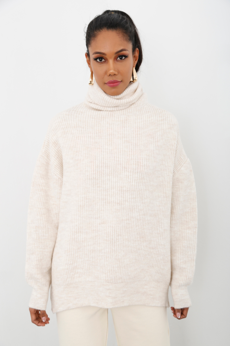 Bej Balıkçı Oversize Kazak 3278