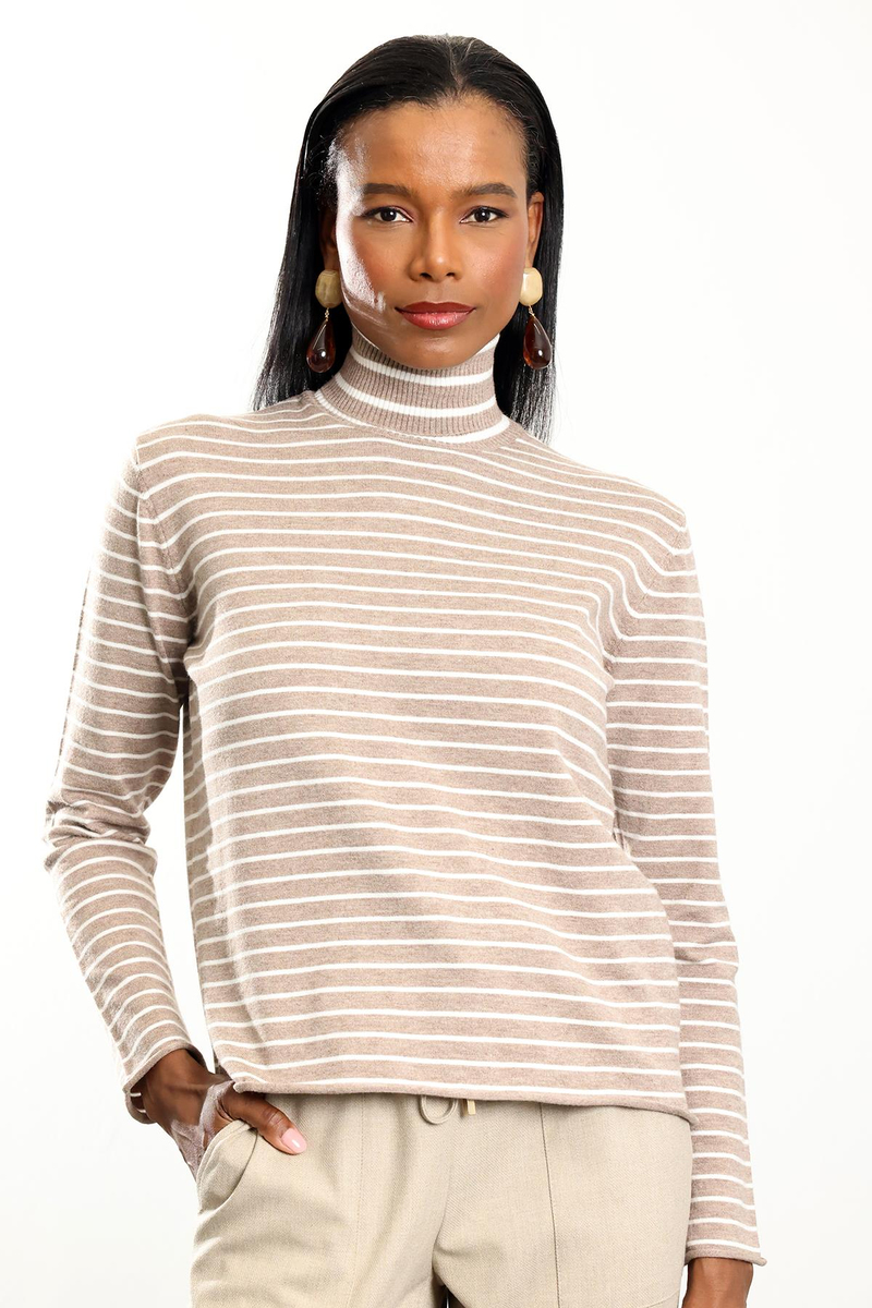 Bej Balıkçı Yaka Çizgili Triko 261002