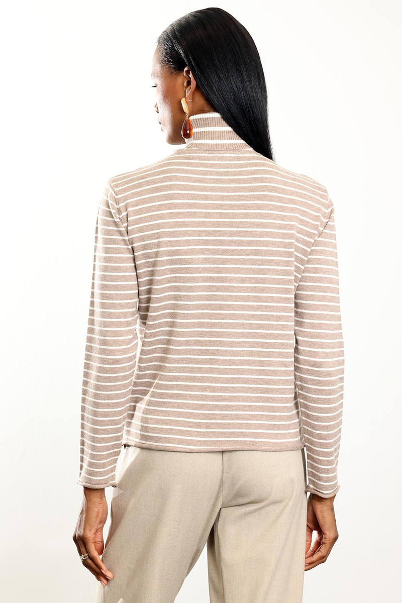 Bej Balıkçı Yaka Çizgili Triko 261002