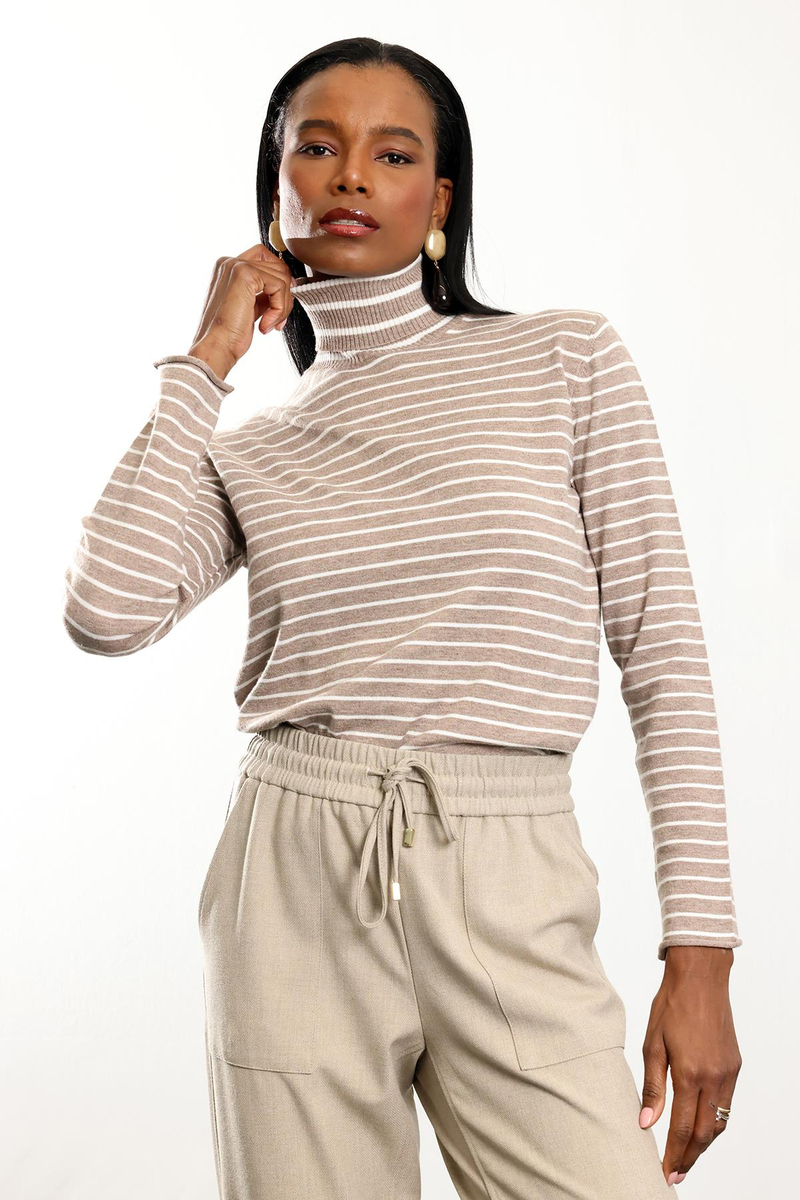 Bej Balıkçı Yaka Çizgili Triko 261002