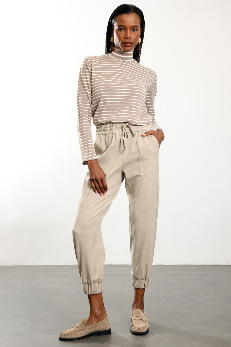 Bej Balıkçı Yaka Çizgili Triko 261002