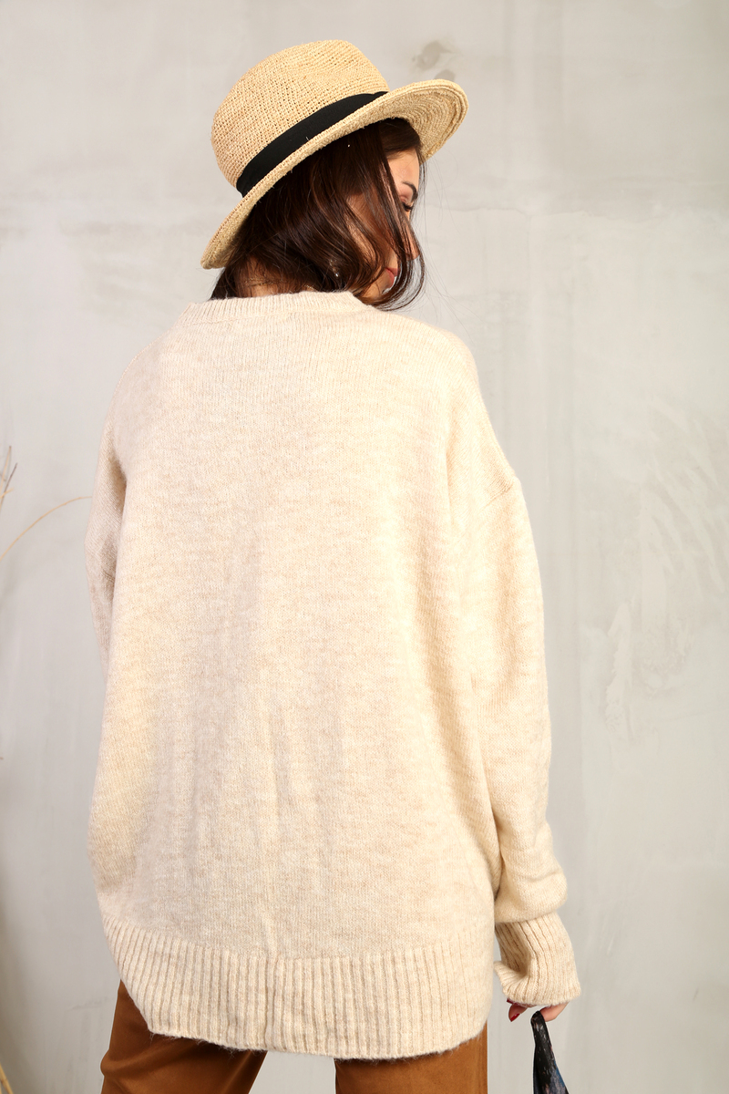 Bej Bisiklet Yaka Oversize Kazak