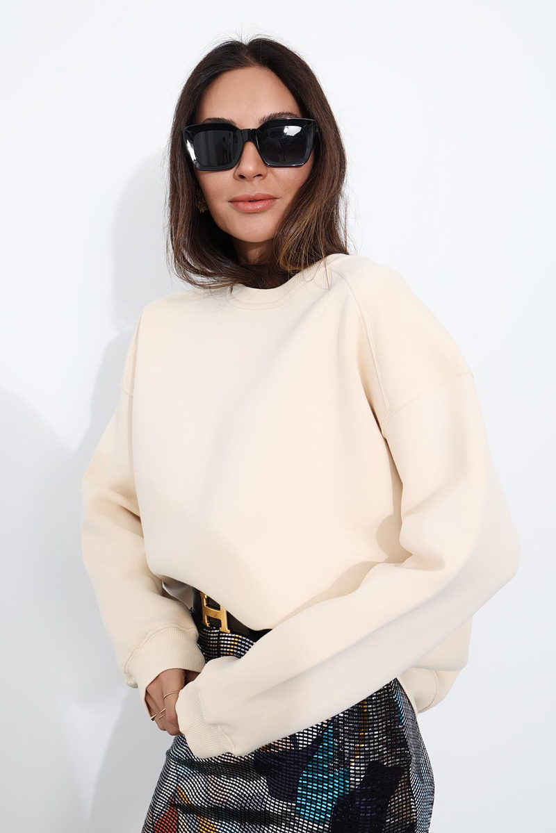 Bej Bisiklet Yaka Oversize Sweatshirt 7912
