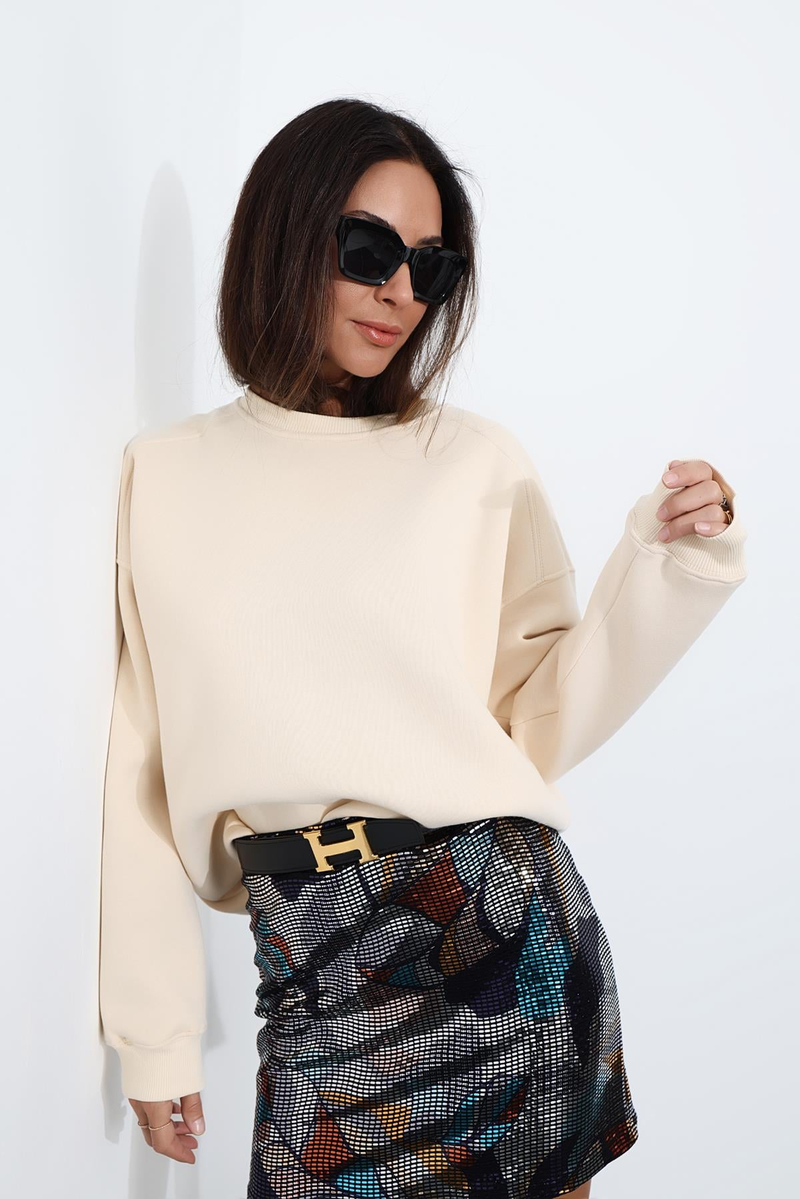 Bej Bisiklet Yaka Oversize Sweatshirt 7912