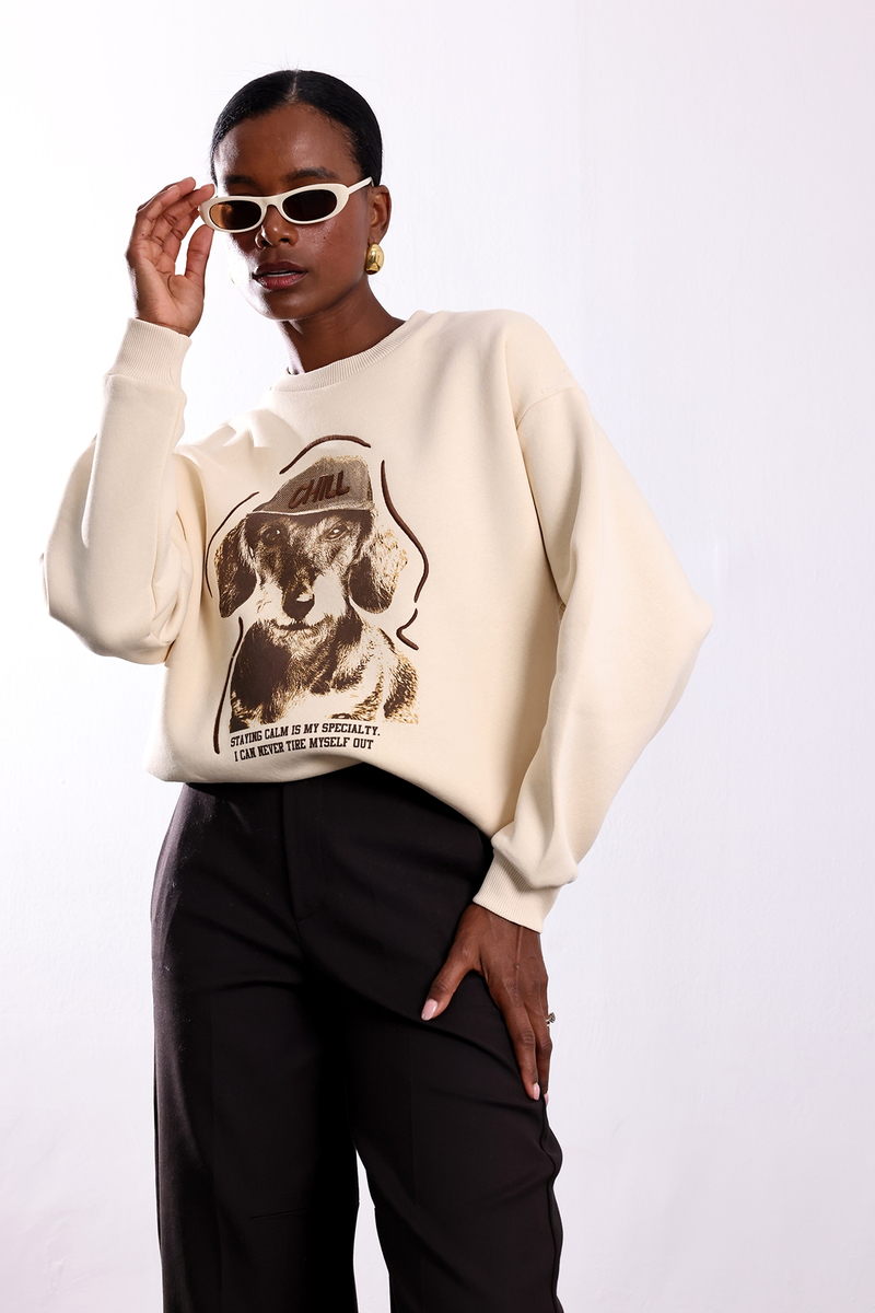 Bej Chill Baskılı Oversize Sweatshirt 02522