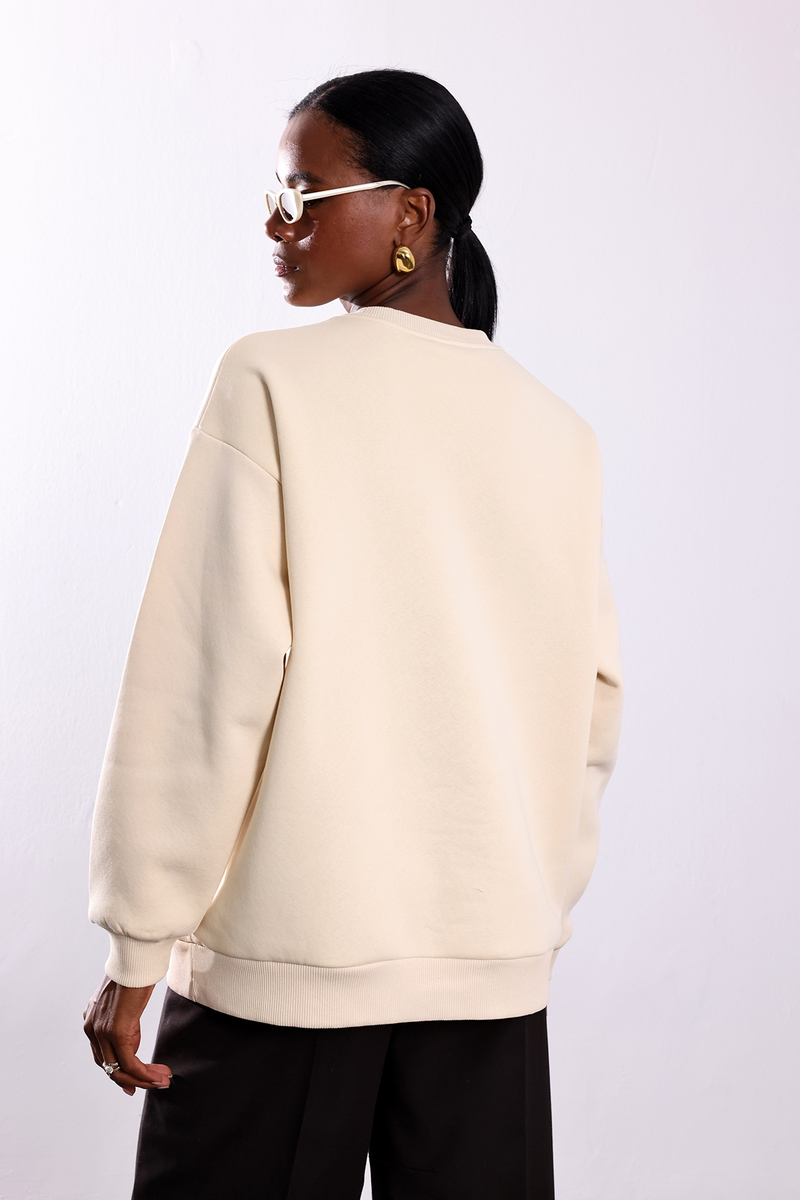 Bej Chill Baskılı Oversize Sweatshirt 02522