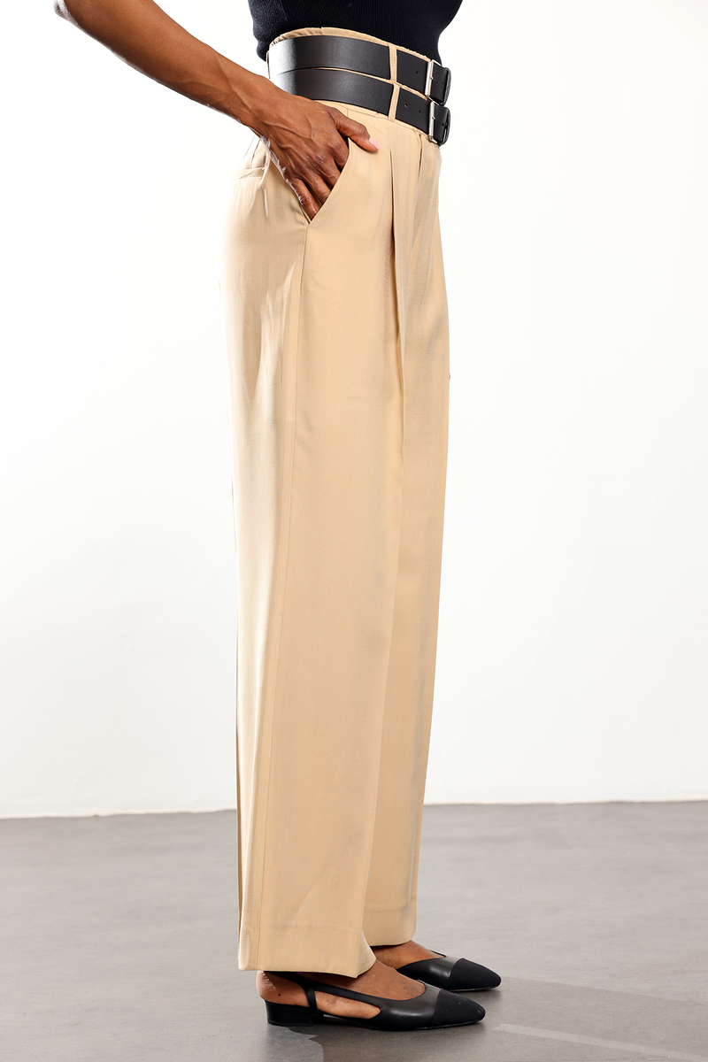 Bej Çift Kemerli Rahat Kesim Pantolon 1450