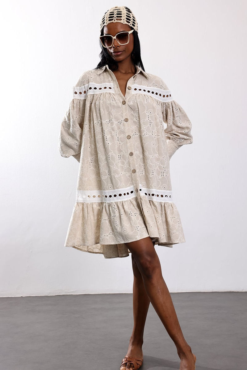 Bej Country Lino Elbise 