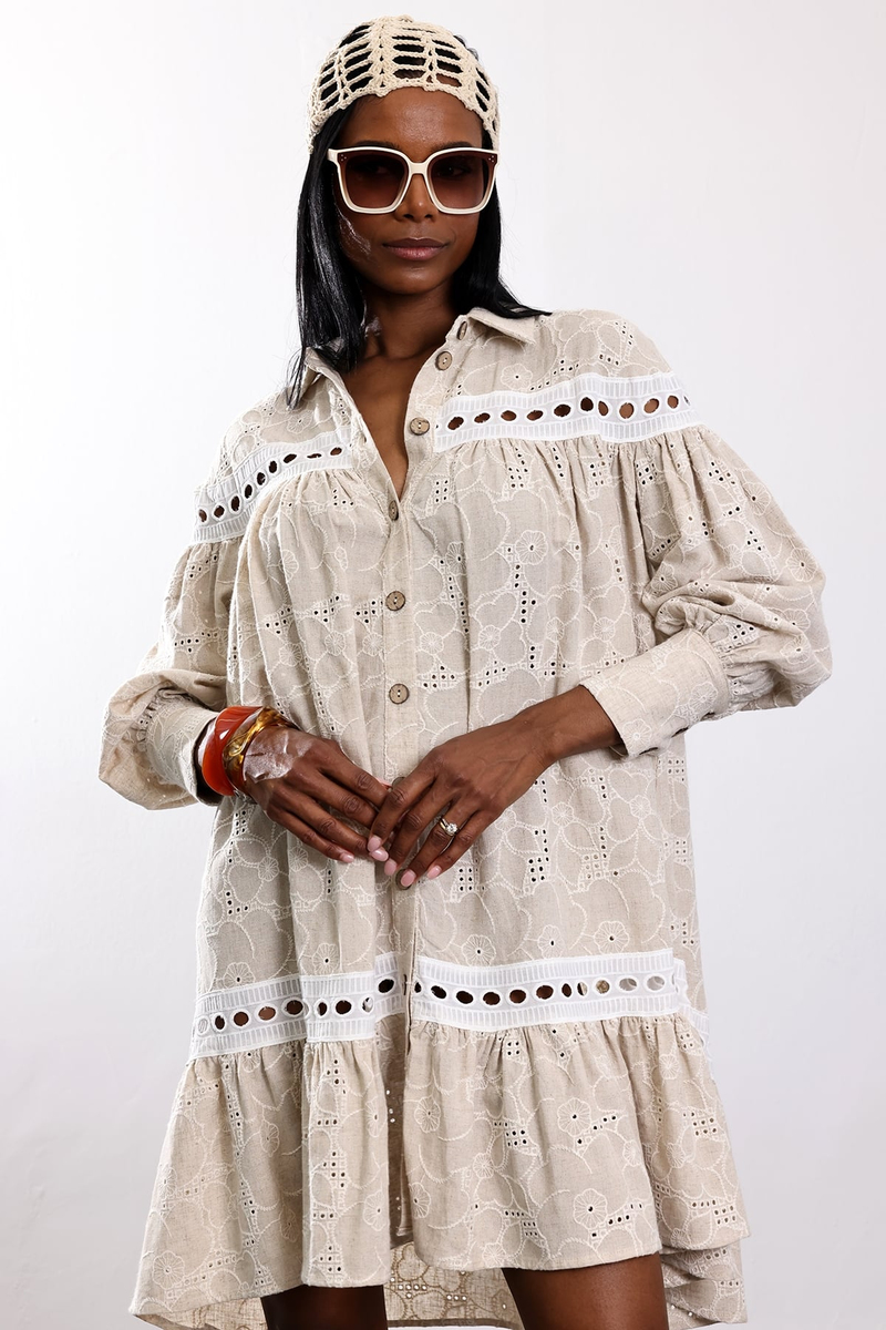 Bej Country Lino Elbise 