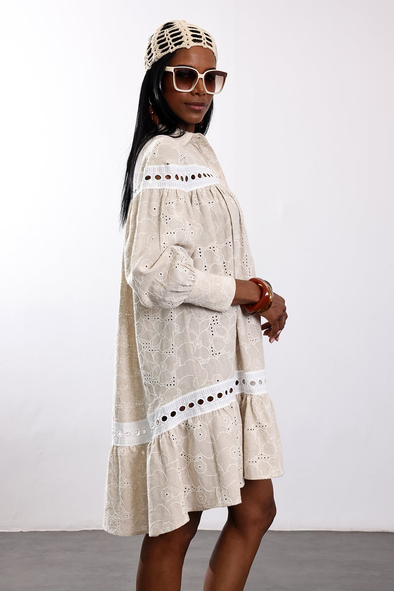 Bej Country Lino Elbise 