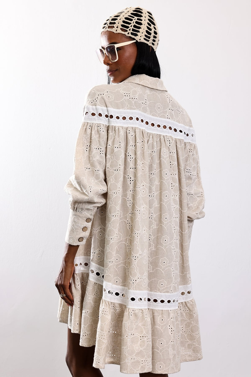 Bej Country Lino Elbise 