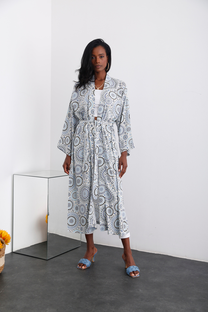 Bej Desenli Yırtmaçlı Kimono 0733