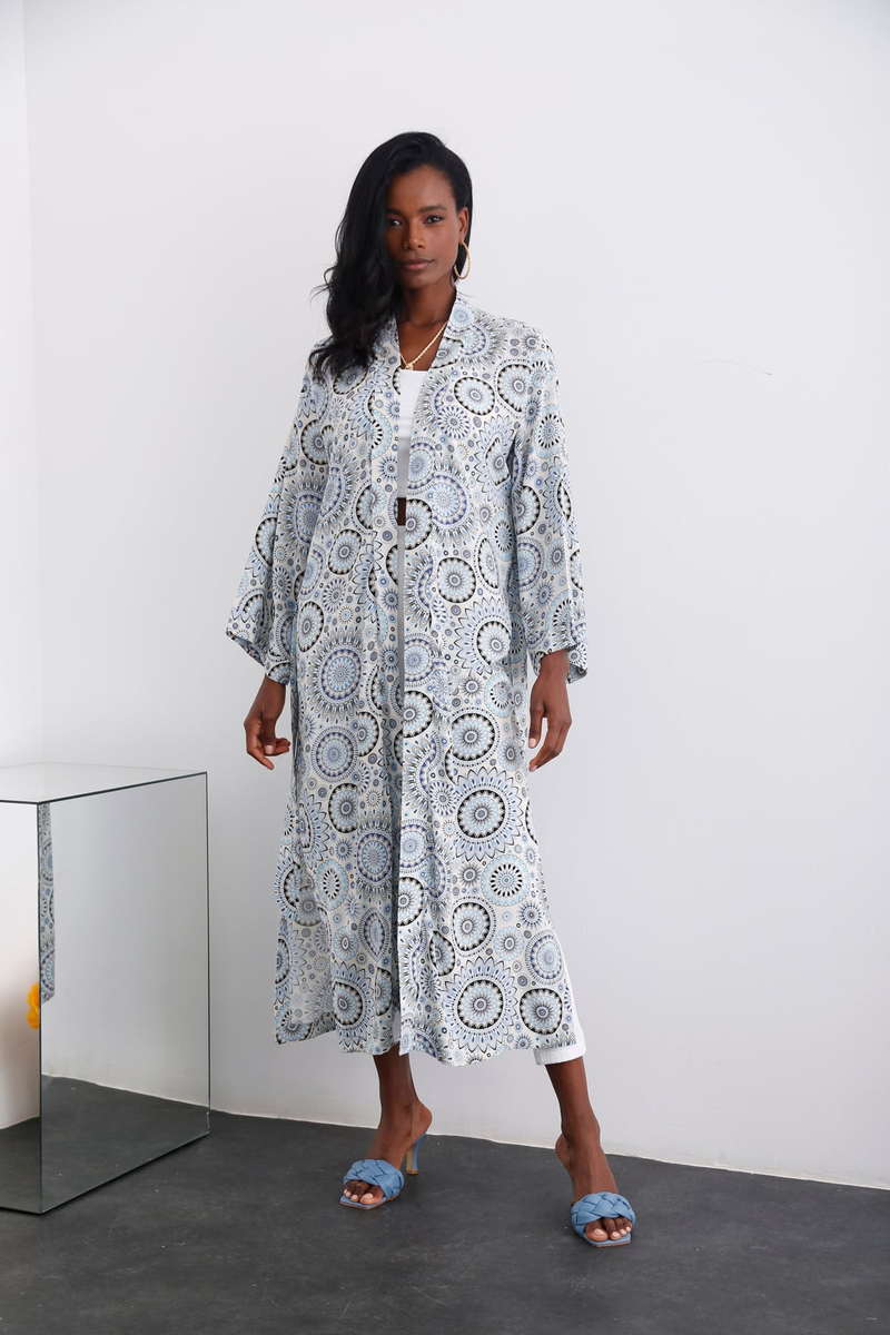 Bej Desenli Yırtmaçlı Kimono 0733