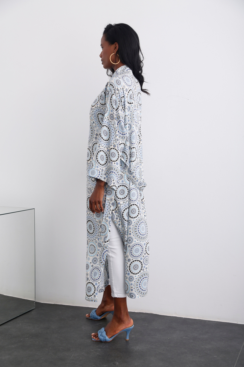 Bej Desenli Yırtmaçlı Kimono 0733