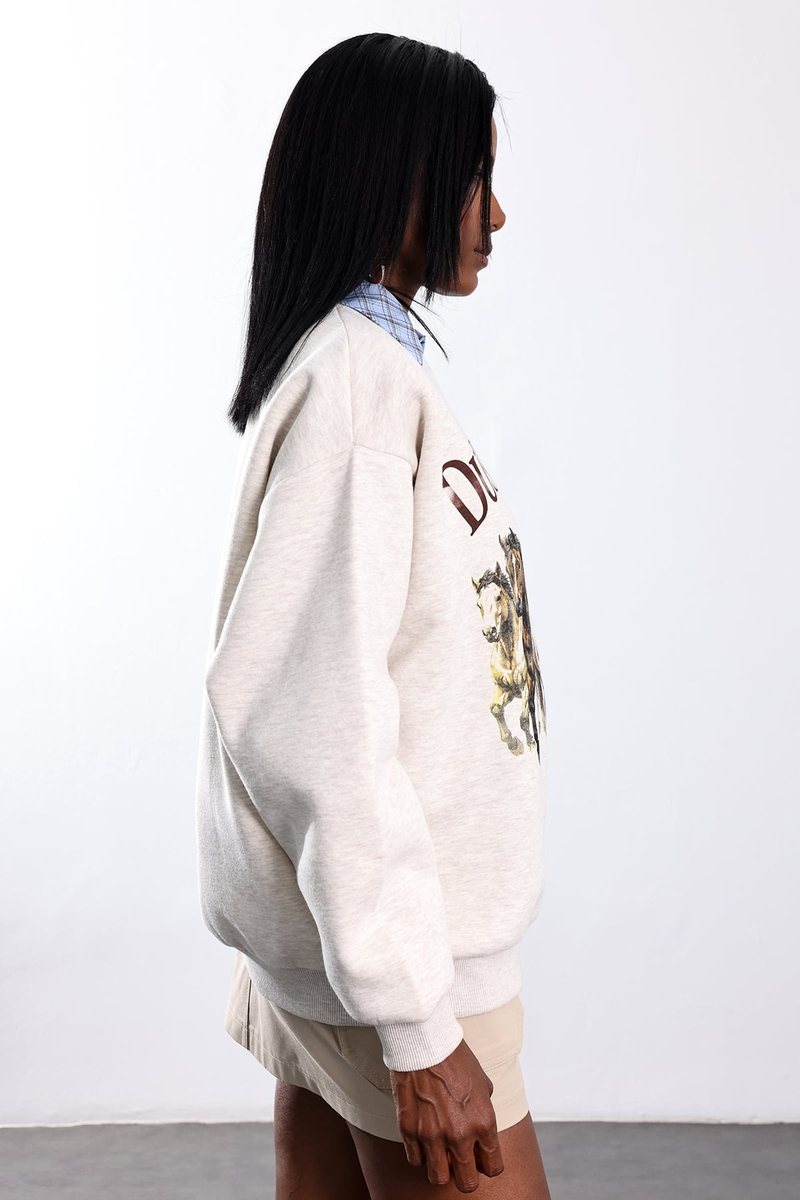 Bej Dusty Freedom Baskılı Sweatshirt 02764